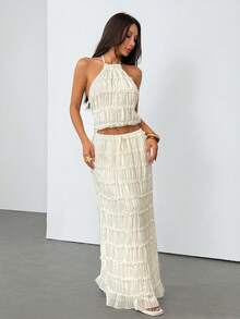 SHEIN PETITE Hàng mới về: Bộ đồ đi nghỉ mát phong cách Bohemian mùa hè dành cho nữ, bộ hai mảnh để mặc hàng ngày, khoe eo. - trắng - Xem 4