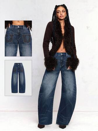 ROMWE Avant Distressed Wide Leg Loose Fit Low Waist Asymmetric Deconstructed Maxi Jeans With Embroidery, American Baddie Style
