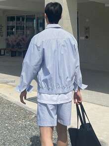 DAZY 男士蓝色条纹短裤套装，含衬衫，春夏款 - 藍色 - 查看 2