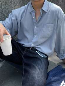 DAZY 男士休闲百搭通勤蓝色衬衫，春季 - 藍色 - 查看 6