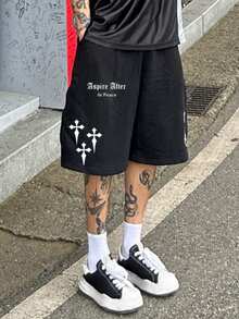 DAZY Men's Letter Print Elastic Waist Street Style Shorts, Summer - Black - View 3