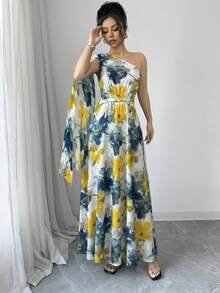 Elenzga Đầm không tay in họa tiết hoa văn vân đá, vạt bất đối xứng, kiểu dáng thanh lịch, thích hợp cho kỳ nghỉ hè của phụ nữ, mùa xuân/hè. - Nhiều màu - Xem 4