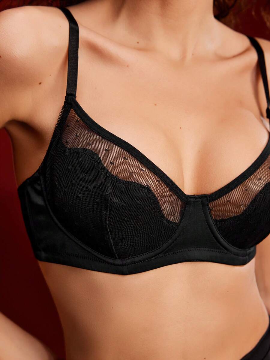 1件女士黑色钢圈文胸，缎面和撞色蕾丝装饰，模杯 - 黑色 - 查看 1