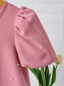 SHEIN Girls' Casual Black Contrast Collar Waist Knit Dress - Pink - View 5