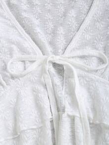 Sweetra Women's White Layered Tie Bow Lace V-Neck Short Sleeve Blouse, Spring/Summer - White - View 5