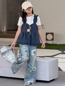 DAZY Tween Girls' Casual Floral Print Loose Wide Leg Jeans - Blue - View 2