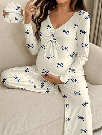 Slowluna 2件套孕妇蝴蝶结印花长袖上衣和裤子套装
