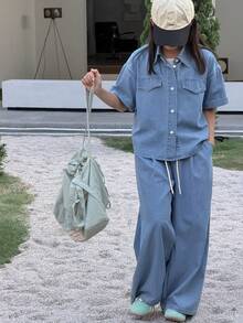 DAZY Tween Girl Casual Everyday Commute Fashion Street Loose Drop Shoulder Denim Shirt And Drawstring Waist Wide Leg Jeans Set, Spring/Summer/Autumn - Blue - View 6