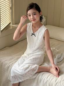 DAZY Tween Girls V-Neck Lace Nightgown Loungewear Summer - White - View 5