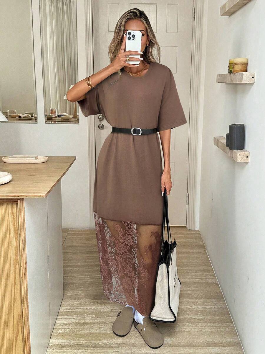SHEIN LUNE Áo thun cổ tròn màu trơn tay ngắn dáng rộng và váy ren, thời trang cho các buổi đi chơi và đi làm, phong cách thường ngày. - màu nâu - Xem 1