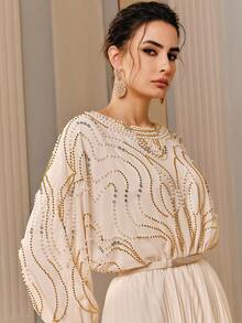 Anewsta 仿珍珠刺绣圆领褶裥优雅长袖连衣裙 - 杏色 - 查看 6