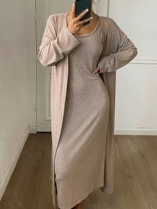 DAZY Women's Soft Knit Robe & Slip Dress Loungewear Set, Minimalist - Khaki - View 4