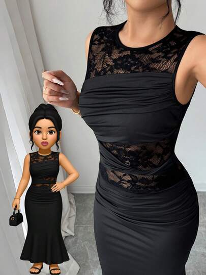 Rafferiza Minimalist Fashion Ruched Lace Splice Milk Silk Stretchy Round Neck Short Sleeve Dress For Women, Suitable For Singles Party, Gathering