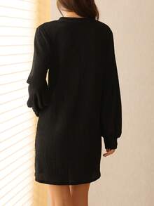 Lymera Autumn/Winter New Fashion Elegant Versatile Bestselling Dress, V-Neck, Lantern Sleeves, Textured Black - Black - View 2