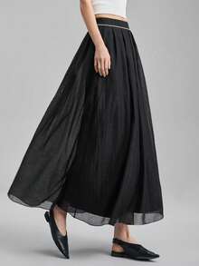 Ontre Chân váy vải dệt dành cho nữ, mẫu mới Xuân/Hè 2026, lãng mạn cho ngày Valentine, mùa cưới, tiệc tùng, thiết kế xếp ly, màu đen, dáng chữ A, thời trang và đa năng. - màu đen - Xem 1