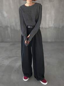 FRIFUL Damska luźna koszulka typu T-shirt z okrągłym dekoltem i falbaną, w jednolitym kolorze, z długim rękawem i swobodnym krojem - Biały - Zobacz 2