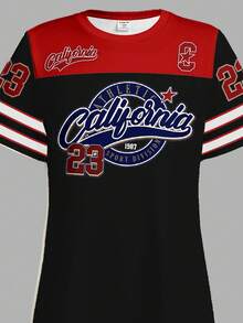 少女休闲运动甜美学院风数字字母印花条纹撞色短袖连衣裙，夏季