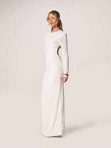 MISSGUIDED Rochie maxi cu mânecă lungă, decupată la spate, croială mulată, guler rotund, seară, ocazie formală, siluetă drapată, albă, lungime până la podea, material elastic - alb - Vizualizare 4