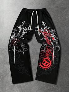 ROMWE MEN Goth 男士十字印花抽绳腰带运动裤 - 黑色 - 查看 6