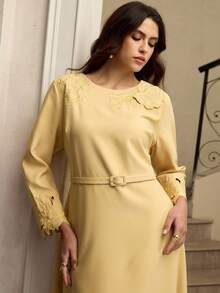 ZEYLAH 印花收腰优雅长袖连衣裙 - 淡黃色 - 查看 6