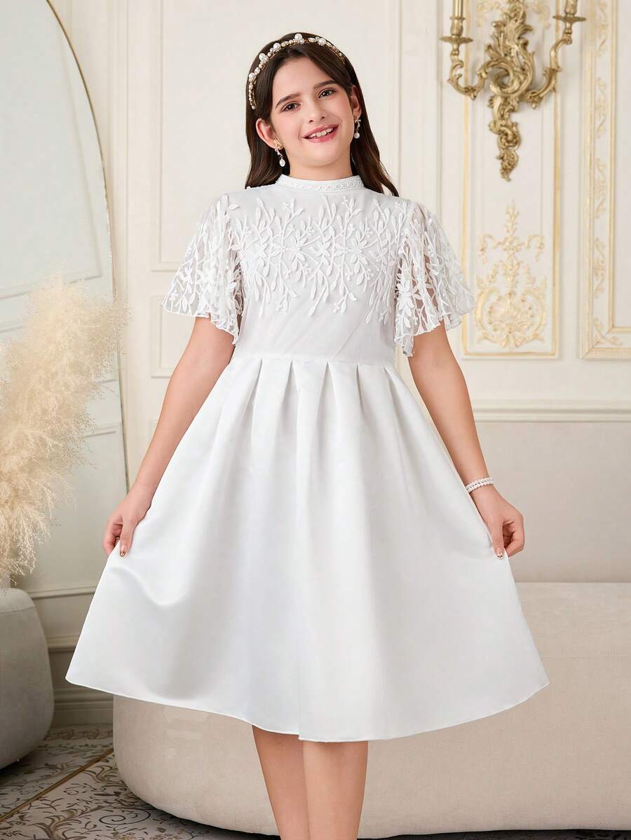 SHEIN 少女优雅蕾丝派对生日公主裙 - 白色 - 查看 1