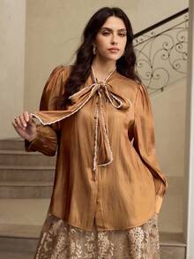 ZEYLAH 大码女士优雅珍珠边饰飘逸长袖衬衫 - 棕色 - 查看 4