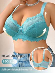 DesireSculpt 1pc Plus Size Lace Patchwork Underwire Bra - Green - View 5