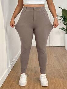 SHEIN EZwear Quần ống ôm cạp cao cỡ lớn, thích hợp cho mùa xuân/hè. - Màu nâu  Mocha - Xem 6