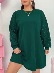 SHEIN EZwear 女士加大码落肩宽松黑色连衣裙 - 墨綠色 - 查看 4