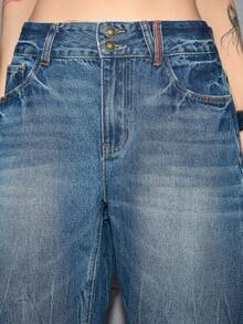 ROMWE J-Fashion 秋冬新款中国风虎头艺伎图案英文刺绣低腰复古女式牛仔裤 - 深色水洗藍 - 查看 7