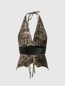 Áo tank top nữ thời trang đường phố, buộc dây phía trước, in họa tiết toàn thân, thích hợp cho mùa hè. - Nhiều màu - Xem 2