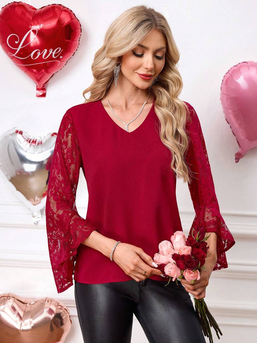 SHEIN Clasi Áo cánh tay loe cổ chữ V ren tương phản thanh lịch dành cho nữ - Đỏ - Xem 1