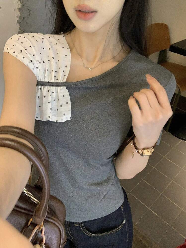 Elegant Polka Dot Splice Short Sleeve T-Shirt For Women, Casual & Slim Fit, Suitable For Spring & Summer