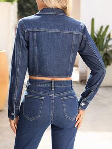 EMERY ROSE Women's Long Sleeve Single-Breasted Cropped Casual Denim Jacket - Dark Wash - View 2