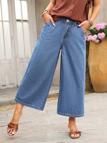 EMERY ROSE 女士宽松版型带口袋阔腿休闲牛仔裤 - 中等水洗藍 - 查看 7