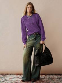 Florisole Women's Elegant Casual Studded Faux Distressed Print Sweatshirt - Purple - View 4