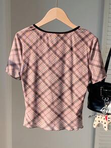 Comfortcana 2026新款春夏女式格子V领蝴蝶结装饰短袖性感时尚T恤 春夏女式优雅格子上衣 - 彩色 - 查看 2