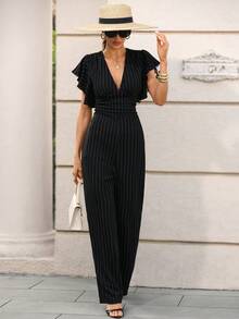 Editum 女士优雅V领网纱银箔荷叶袖黑色连体裤，修身阔腿款式，适合春夏婚礼和派对穿着 - 黑與白 - 查看 7