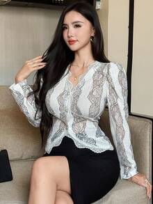 DAZY Damen Spitzen Blumen Patchwork Crop Puff Ärmel Elegante Party Bluse, Frühling/Herbst Langarm - Weiss - Übersicht 6