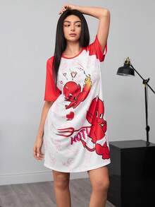 SHEIN HOT STUFF Women's Cartoon Heart Print Contrast Color Raglan Sleeve Loose Sleep Dress, Summer - Red and White - View 5