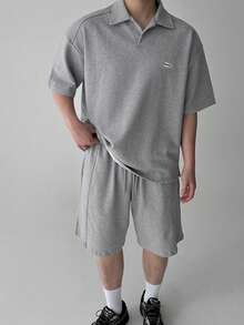 DAZY Men's Grey Letter Embroidered Polo Shirt With Matching Polo Shirt Set, Summer - Grey - View 3