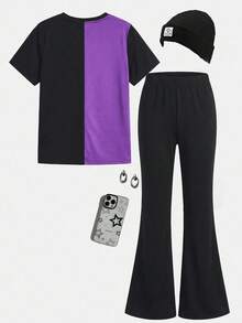 SHEIN 两件套少女休闲宽松爱心涂鸦印花短袖圆领T恤和喇叭裤，适合夏季穿着，居家、外出、街头摄影、校园等场合皆宜。