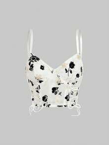ROMWE Goth Lace Up Floral Embroidery Crop Cami - White - View 1
