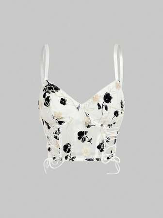 Goth Cami corto con cordón con bordado floral