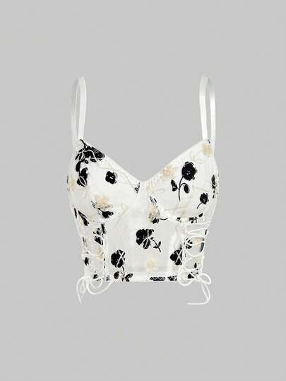 Goth Crop Cami mit Band, Blume Stickerei