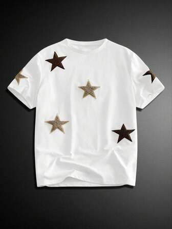 GENTILAND Men's White Knitted T-Shirt With Geometric Star Print For Street Casual Style Star Shirt White Star Tee Gold Star Shirt Graphic Star Tee Star Graphic Tee