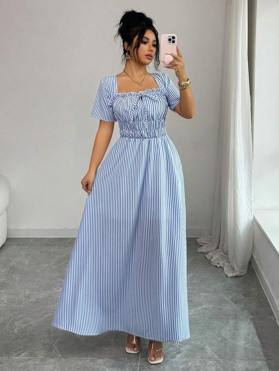 Elenzga New Spring/Summer Women's Dress With Frill Trim, Square Neck, Front Tie, Striped Pleated Elastic Waist, Flared Hem, Lined, Long Length - Blue and White - View 1