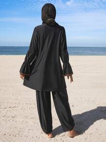 Swim Mulvari 四件套秋冬新款纯黑色褶皱长袖上衣、运动文胸、裤子，优雅度假成熟中东比基尼套装，含头巾 - 黑色 - 查看 2