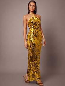 Silquee Sexy Sequin Solid Color Halter Backless Bodycon Dress,Summer Dresses For Women - Gold - View 4