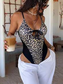 Swim SXY-D Leopard Print & Solid Color Splicing Spaghetti Strap Front Tie Cutout Sexy Casual Women Beach Swimsuit One-Piece Bikini - Multicolor - View 5